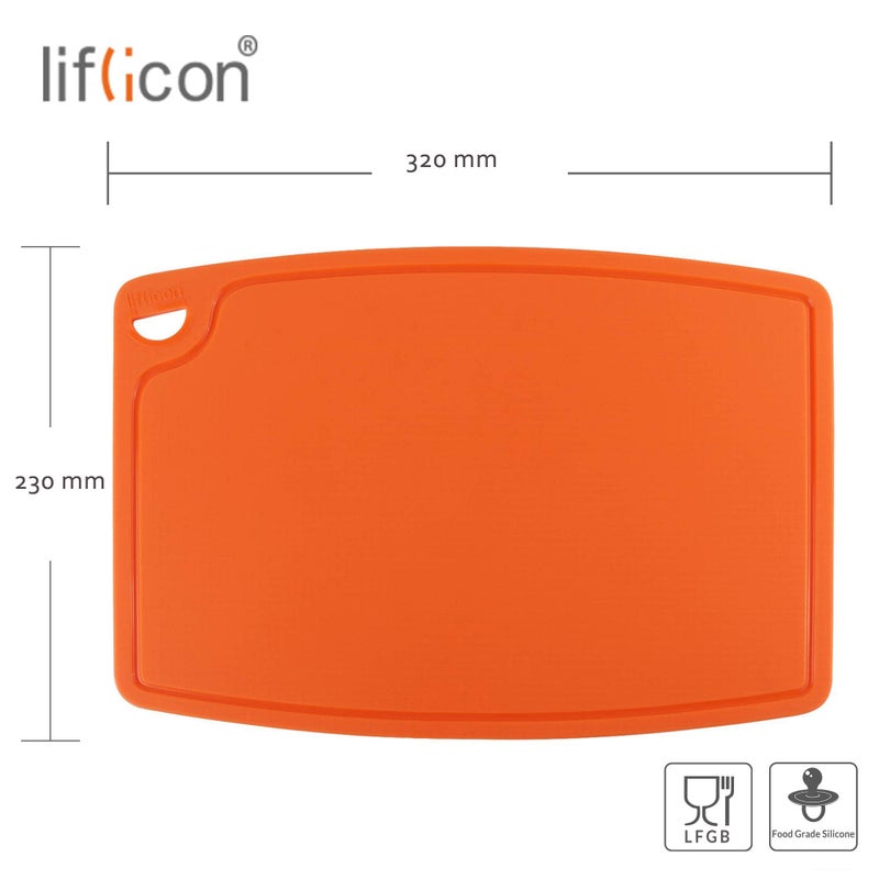 Liflicon Thick Silicone Cutting Board 12.6'' x 9.1'' Juice Grooves Easy Grip Handle Dishwasher Safe-Orange - Image 2